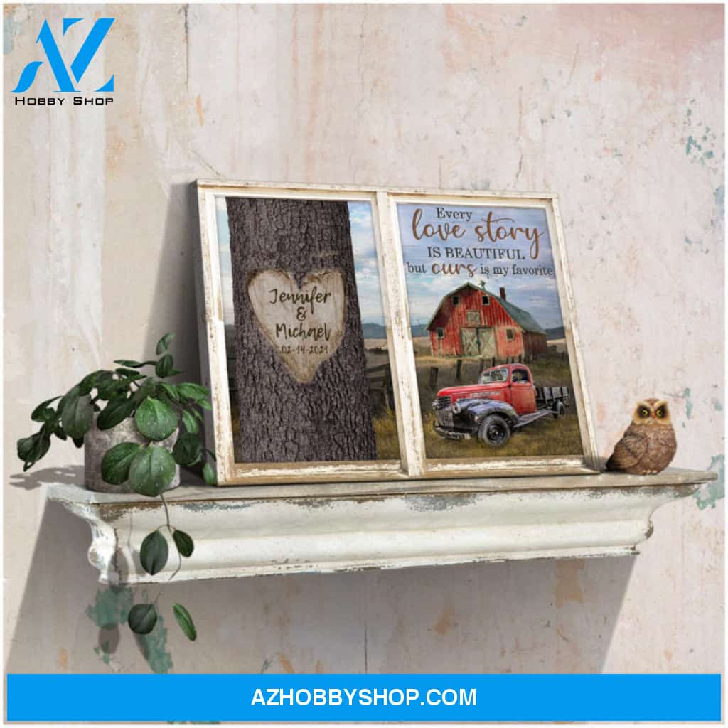 Custom Canvas Prints Anniversary Wedding Gifts Personalized Gifts Carved Heart Tree Red Barn and Pick up Truck Every love story is beautiful Farmhouse Wall Art Decor Ohcanvas