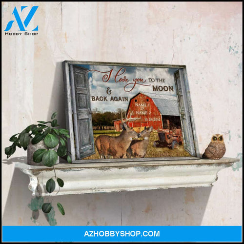 Custom Canvas Prints Anniversary Wedding Gifts Personalized Gifts Wood Window and Loving Buck and Doe I love you to the moon and back again Farmhouse Wall Art Decor Ohcanvas