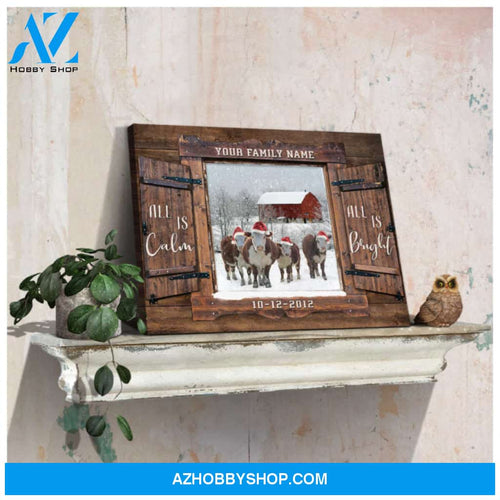 Custom Canvas Prints Christmas Farmhouse Gift Window Hereford Cows All is calm all is bright Ohcanvas