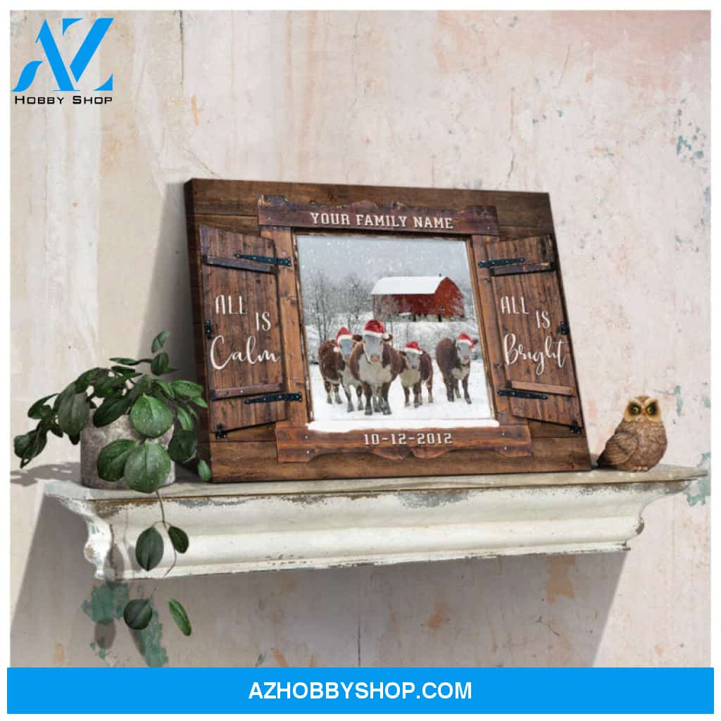 Custom Canvas Prints Christmas Farmhouse Gift Window Hereford Cows All is calm all is bright Ohcanvas