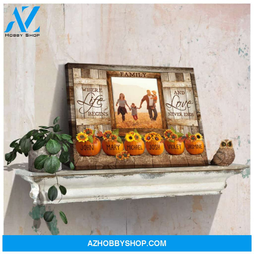 Custom Canvas Prints Personalized Names Family Gifts Autumn Sunflower Pumpkins Family Where Life Begins Ohcanvas