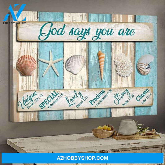 Custom Canvas Seashell cross - God says you are - Jesus Canvas, God Canvas, Christian Canvas, Wall Decor