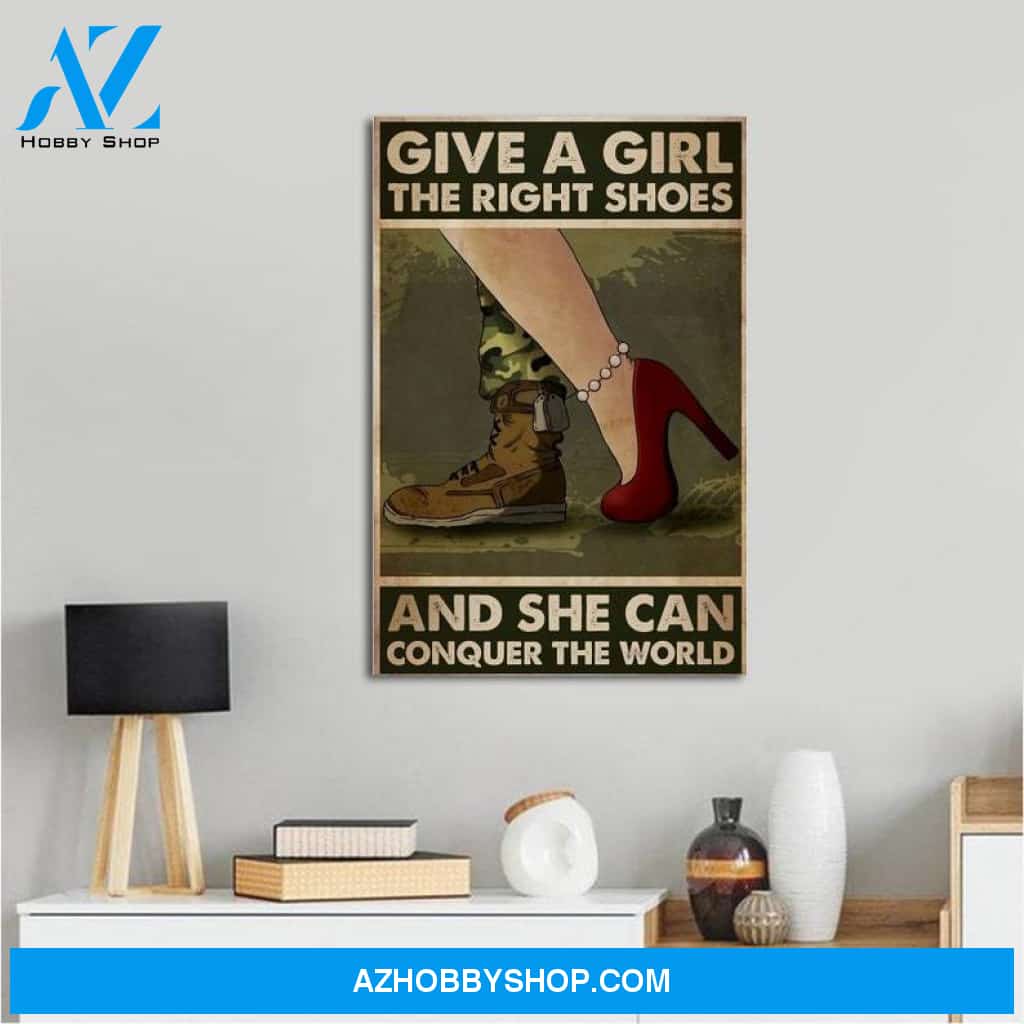 Custom Canvas She Can Conquer The World Vertical , Female Veteran , Military Gift, The Right Shoes, Soldier , Strong Woman Art