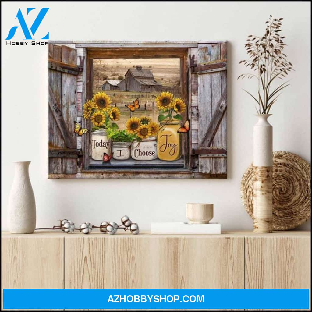 Custom Canvas Today I Choose Joy Canvas Wall Art Butterflies and Sunflowers On Rustic Window