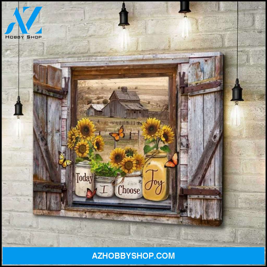 Custom Canvas Today I Choose Joy Canvas Wall Art Butterflies and Sunflowers On Rustic Window