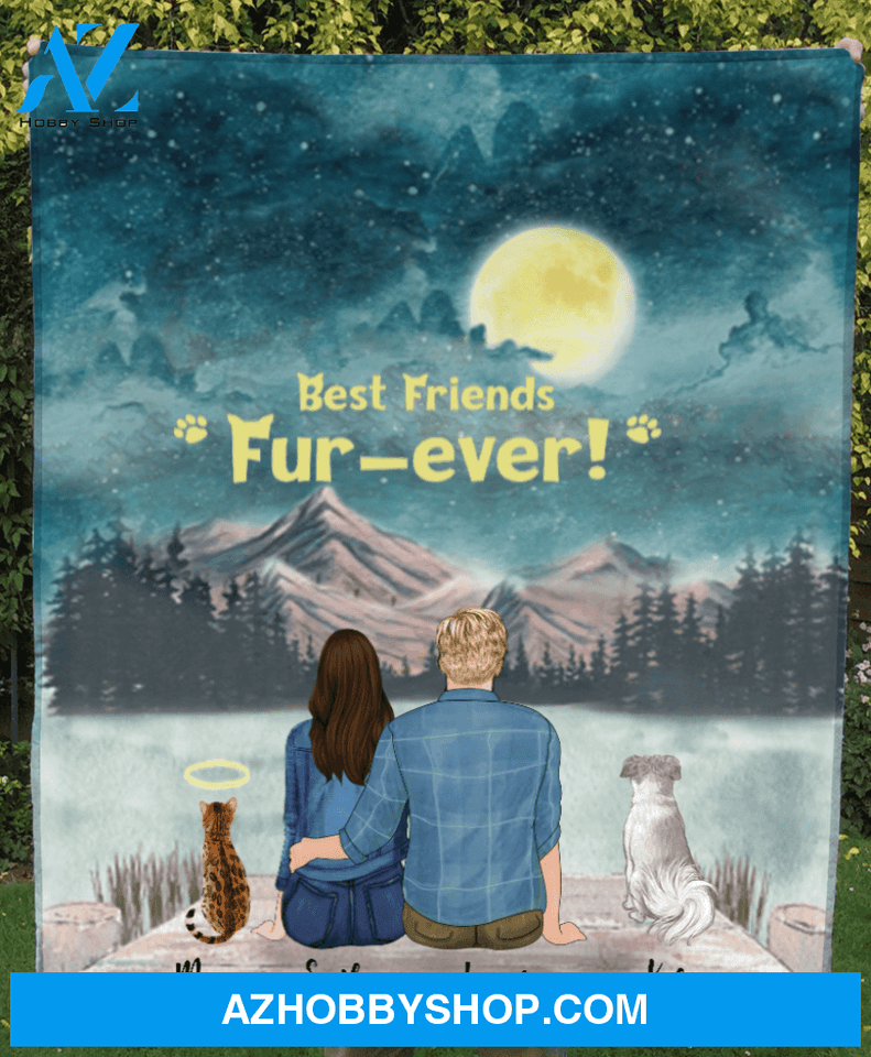 Custom cat dog & owners blanket - Best personalized gift for couple & cat dog lovers, cat dog dad mom - Couple & 2 Pets Fleece Blanket