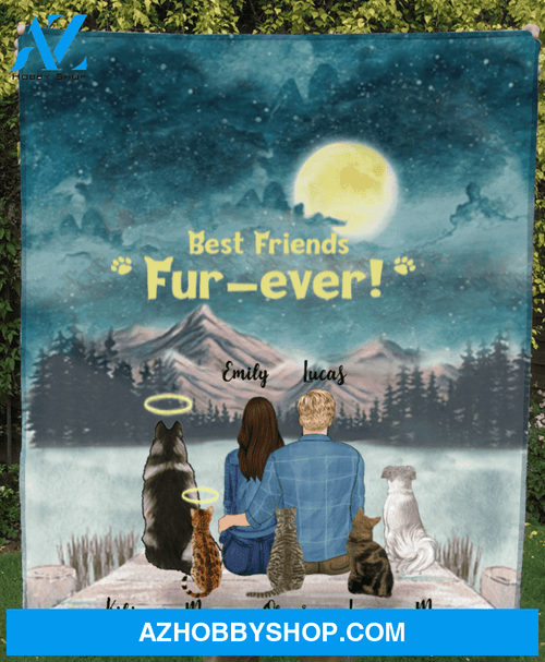 Custom cat dog & owners blanket - Best personalized gift for couple & cat dog lovers, cat dog dad mom - Couple & 5 Pets Fleece Blanket