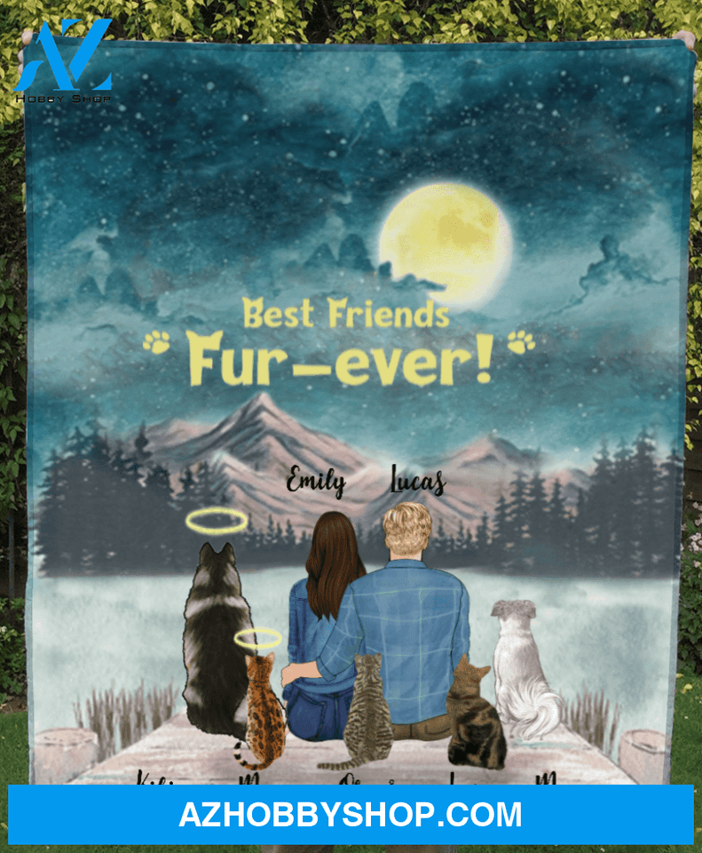 Custom cat dog & owners blanket - Best personalized gift for couple & cat dog lovers, cat dog dad mom - Couple & 5 Pets Fleece Blanket