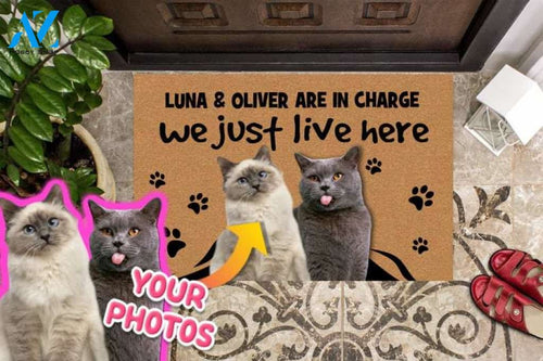 Custom Cat Photo Doormat, We Just Live Here Cats are in charge Door Mat, Personalized Cat Welcome Mat, Custom Pet Gift for