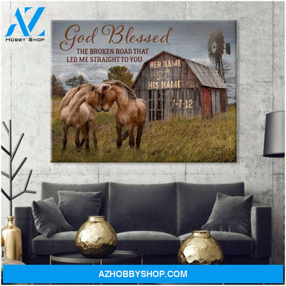 Custom Couple Canvas Anniversary Wedding Gift God Blessed The Broken Road Loving Horses and Barn