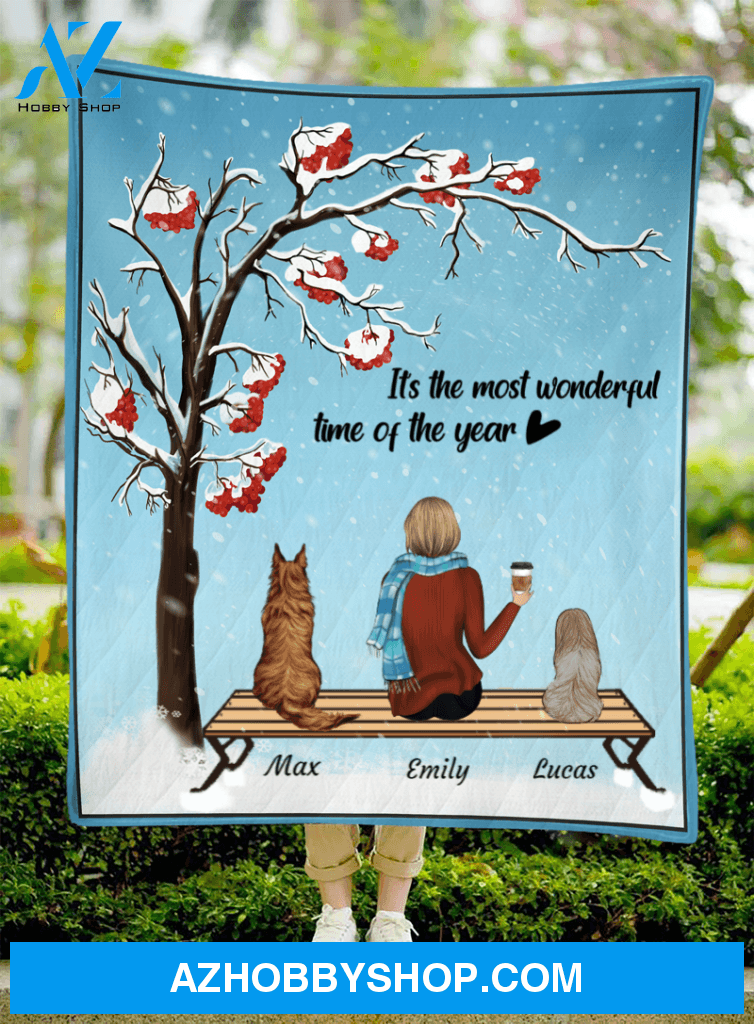 Custom Dog Blanket - Personalized Gift For Dog Mom - 2 Dogs & Mom Quilt Blanket - It's the most wonderful time of the year