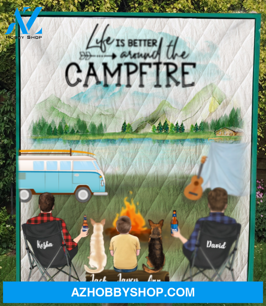 Custom Dog Blanket Gifts For Same Sex Couples - Personalized Camping Quilt Blanket - Man & Man Couple With 1 Kid, 2 Dogs