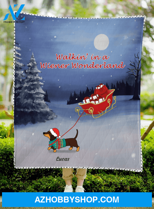 Custom Dog Blanket - 1 Christmas Dachshund Dog Gift For Dog Lovers - Walkin' in a Wiener Wonderland Quilt Blanket