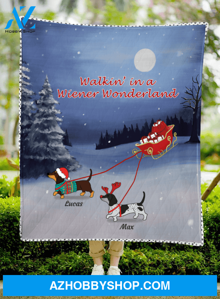 Custom Dog Blanket - 2 Christmas Dachshund Dogs Gift For Dog Lovers - Walkin' in a Wiener Wonderland Quilt Blanket