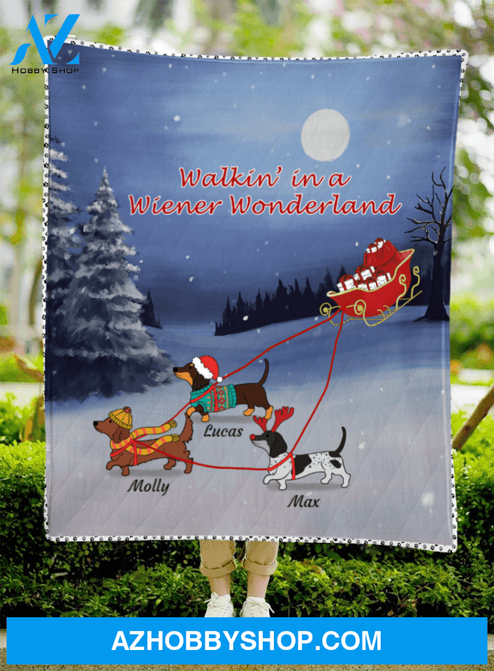 Custom Dog Blanket - 3 Christmas Dachshund Dogs Gift For Dog Lovers - Walkin' in a Wiener Wonderland Quilt Blanket