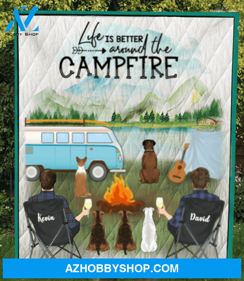 Custom Dog & Ownbers Blanket Gifts For Same sex Couples - Personalized Camping Quilt Blanket - 2 Men & 5 Dogs