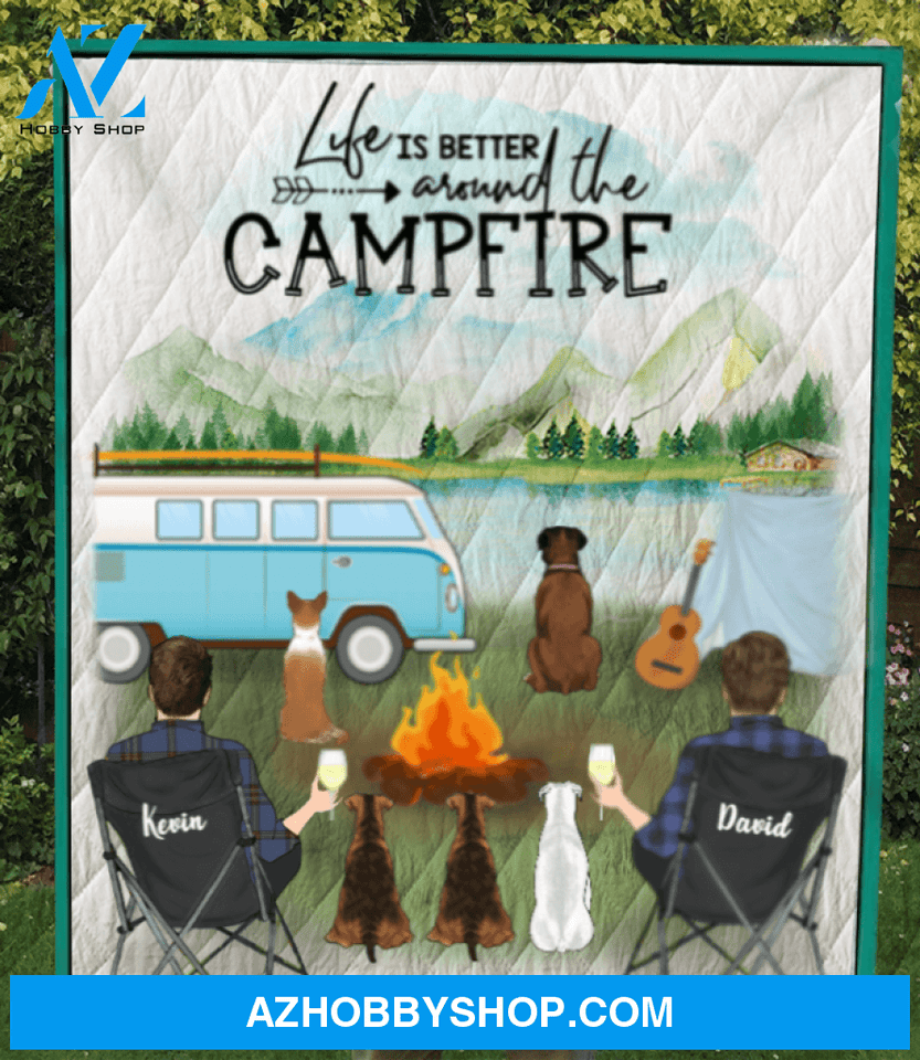 Custom Dog & Ownbers Blanket Gifts For Same sex Couples - Personalized Camping Quilt Blanket - 2 Men & 5 Dogs
