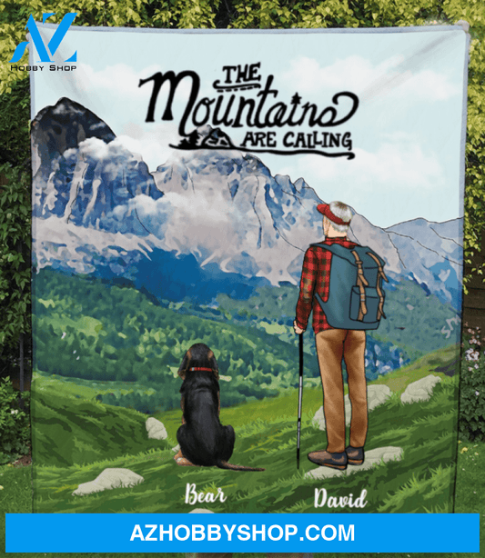 Custom Dog & Owner Blanket, Personalized Gift For Dog Dad, Dog Lovers - Man & 1 Dog Hiking Quilt Blanket - The mountains are calling
