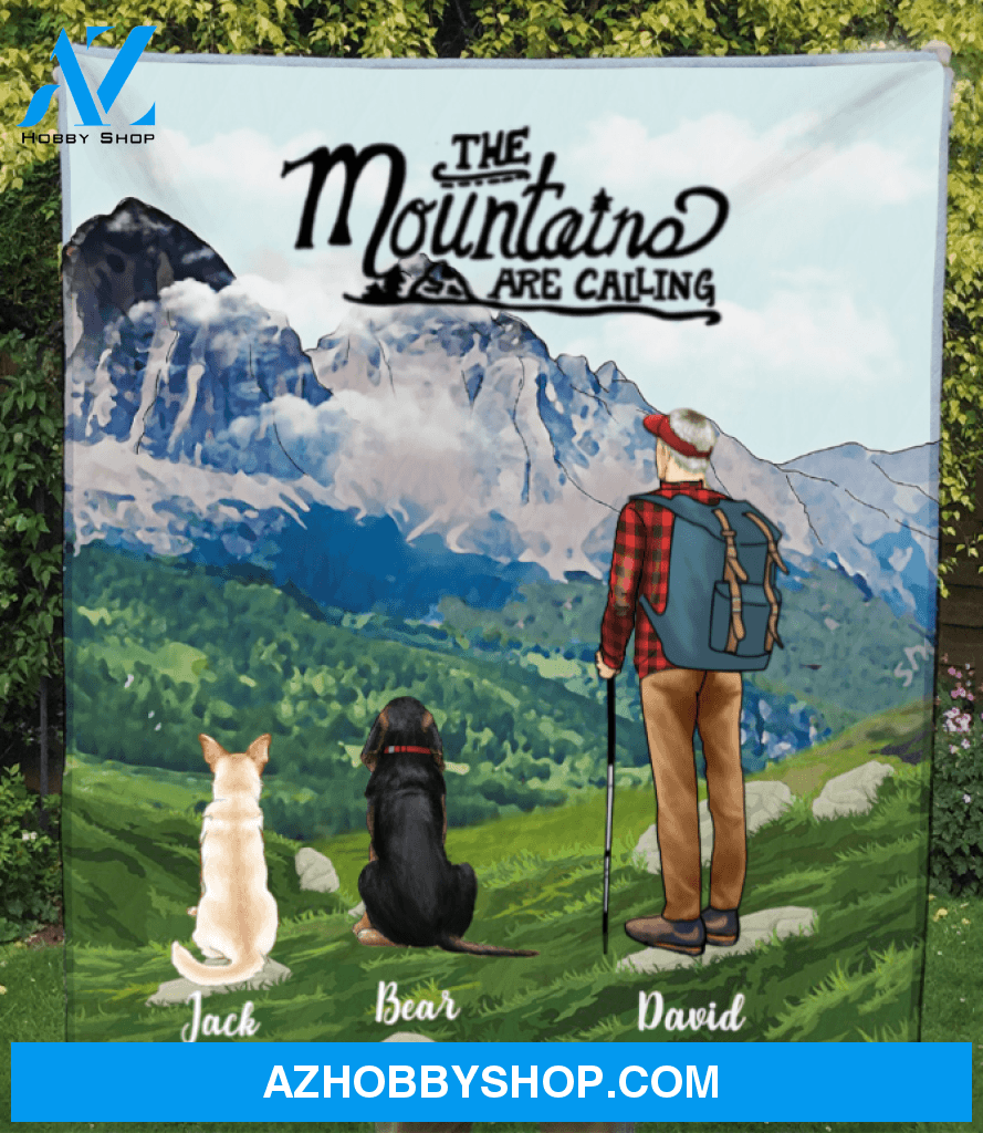 Custom Dog & Owner Blanket, Personalized Gift For Dog Dad, Dog Lovers - Man & 2 Dogs Hiking Quilt Blanket - The mountains are calling
