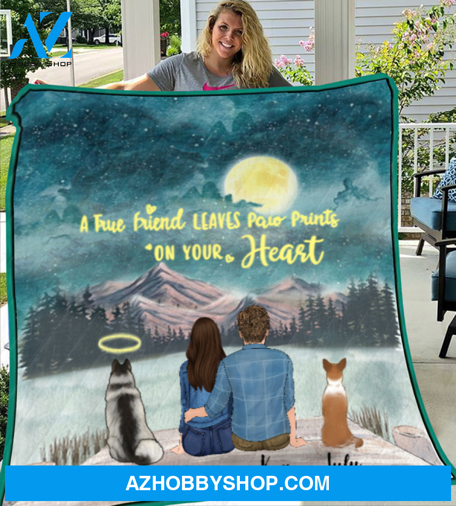 Custom dog & owners blanket - Best personalized gift for couple & dog lovers, dog dad mom - Couple & 2 Dogs Quilt Blanket