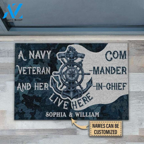 Custom DoormatPersonalized Navy Veteran Her Commander-In-Chief Live Here Doormat