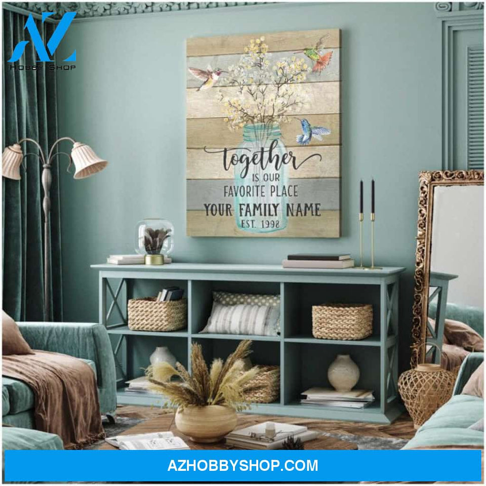 Custom Family Name Hummingbird and Breath Flower Canvas Wall Art