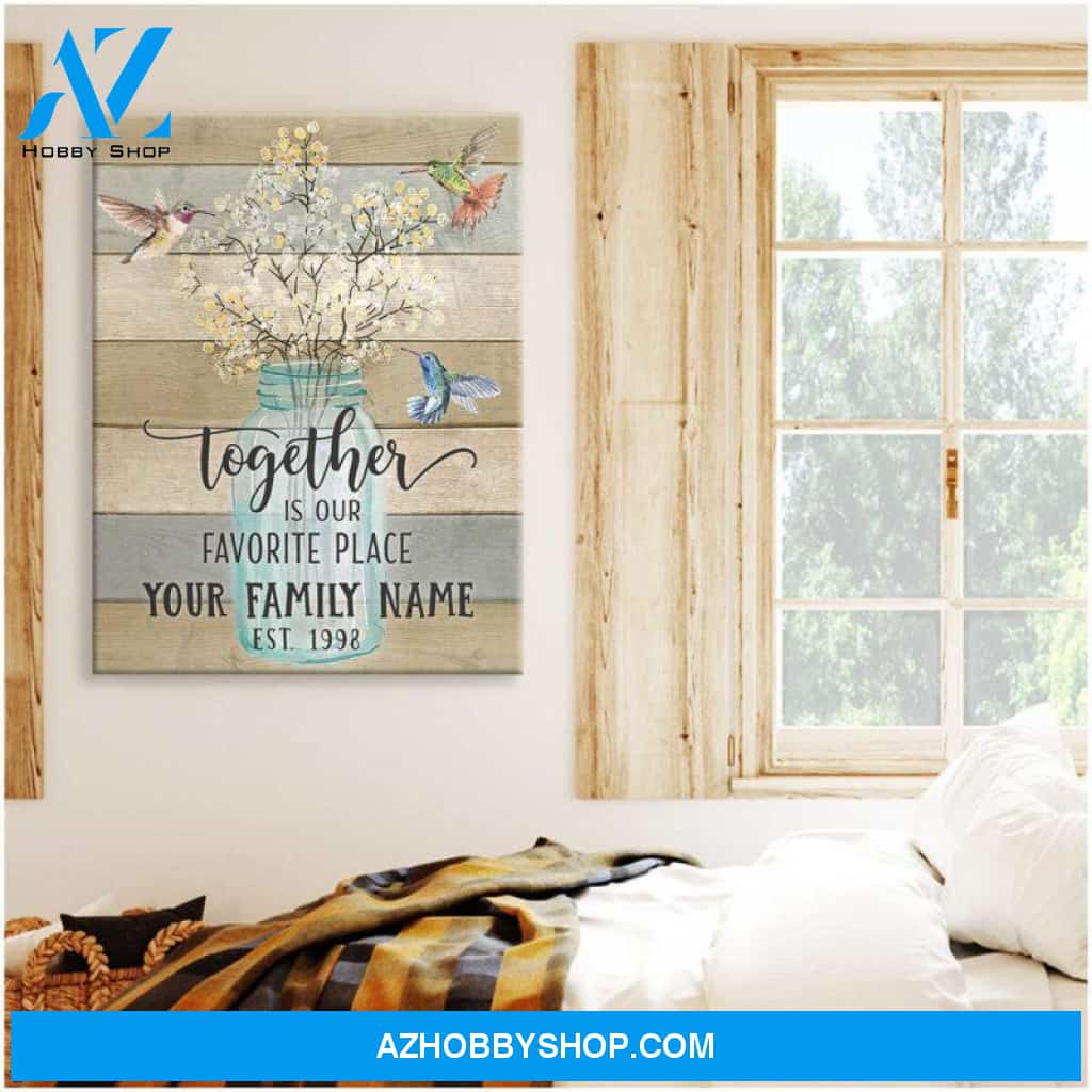 Custom Family Name Hummingbird and Breath Flower Canvas Wall Art