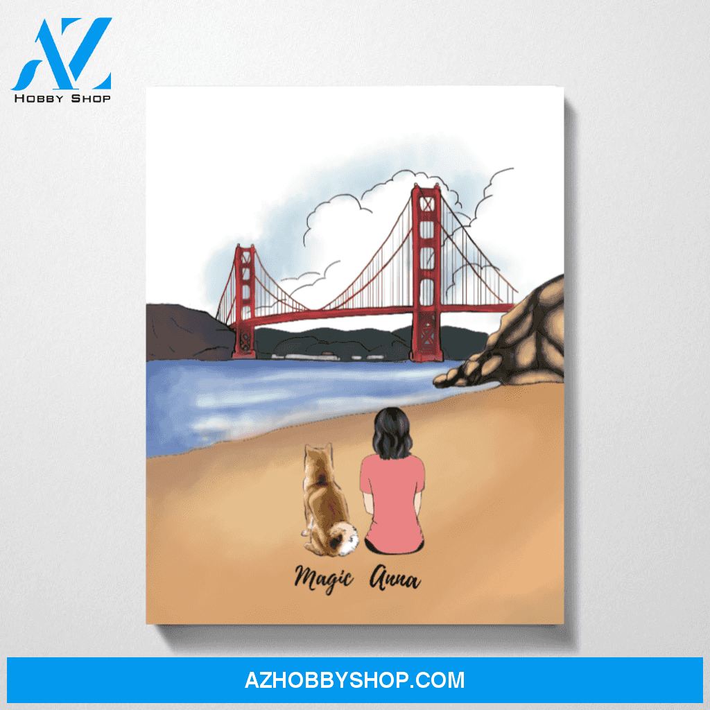 Custom Golden Gate Bridge Woman and Dogs Premium Canvas