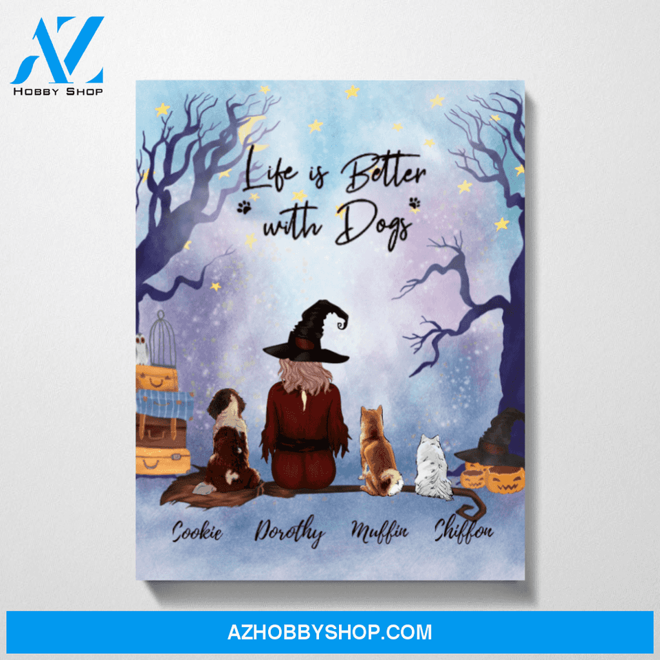 Custom Halloween Girl with Dogs Canvas Personalized Gift for Dog Lovers