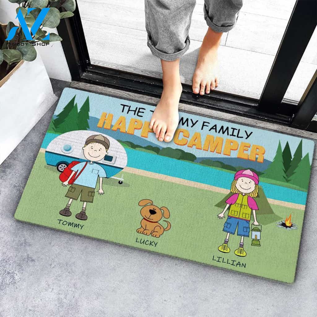 Custom Happy Campers Family Name Doormat, Personalized Housewarming Gift Doormat