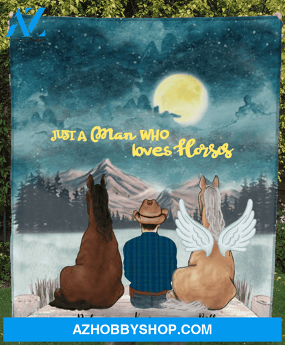 Custom Horse Blanket, Gift Idea For Horse Owners, Horse Dad - Man & Upto 2 Horses Fleece Blanket - Just a man who loves horses