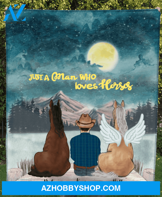 Custom Horse Blanket, Gift Idea For Horse Owners, Horse Dad - Man & Upto 2 Horses Fleece Blanket - Just a man who loves horses