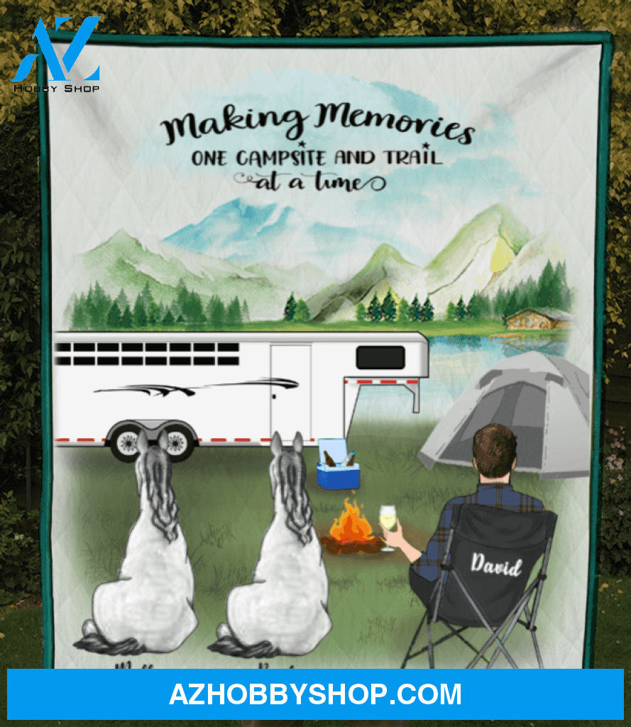 Custom Horse Blanket Gift Idea for Horse Owners - Man and 2 Horses Personalized Camping Quilt Blanket - Horse Trailer
