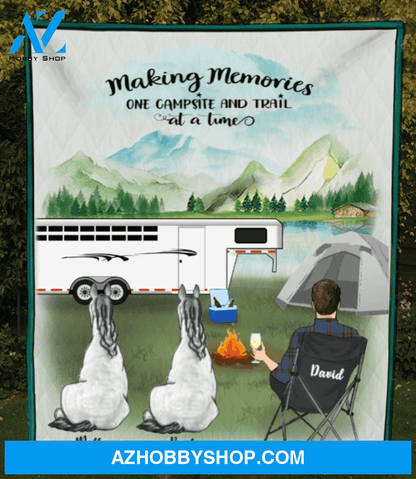 Custom Horse Blanket Gift Idea for Horse Owners - Man and 2 Horses Personalized Camping Quilt Blanket - Horse Trailer