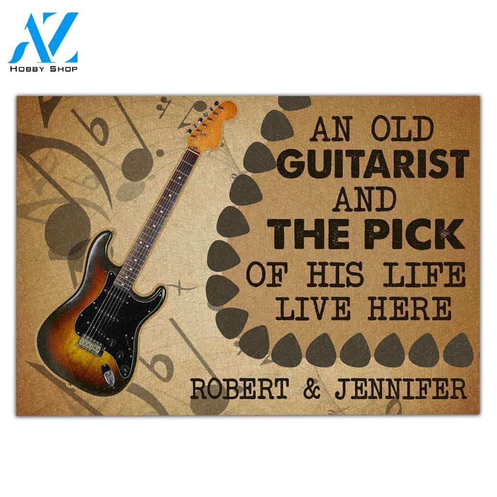 Custom Name An old guitarist and the pick of his life live here doormat | Welcome Mat | House Warming Gift