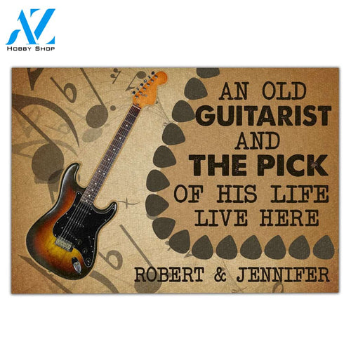 Custom Name An old guitarist and the pick of his life live here doormat | Welcome Mat | House Warming Gift