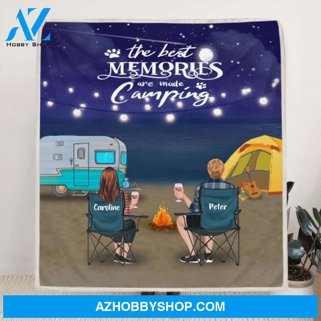 Custom Personalized Beach Night Camping Quilt/ Fleece Blanket - Couple/ Parents With Upto 3 Kids And 6 Pets - Gift Idea For Couple/ Family/ Camping Lover - The Best Memories Are Made Camping