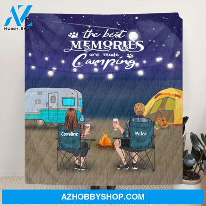 Custom Personalized Beach Night Camping Quilt/ Fleece Blanket - Couple/ Parents With Upto 3 Kids And 6 Pets - Gift Idea For Couple/ Family/ Camping Lover - The Best Memories Are Made Camping