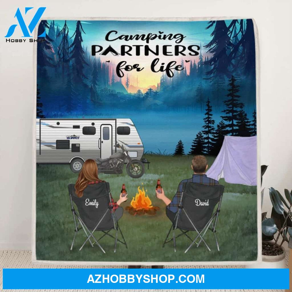 Custom Personalized Fleece Blanket - Parents with Upto 4 Kids and 3 Pets - Camping Partners For Life