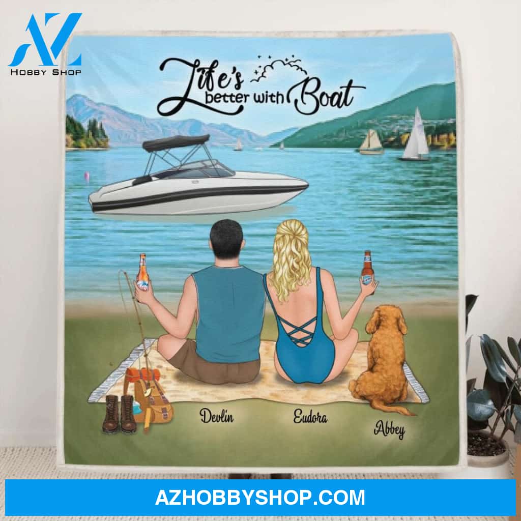 Custom Personalized Boating Quilt Blanket / Fleece Blanket - Parents Upto 3 Kids And 3 Pets - Best Gift For Family - Life's Better With Boat - 33LE0B