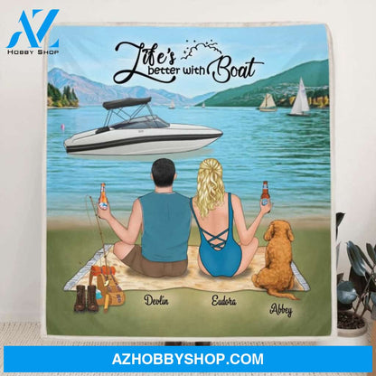 Custom Personalized Boating Quilt Blanket / Fleece Blanket - Parents Upto 3 Kids And 3 Pets - Best Gift For Family - Life's Better With Boat - 33LE0B