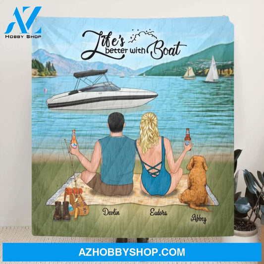 Custom Personalized Boating Quilt Blanket / Fleece Blanket - Parents Upto 3 Kids And 3 Pets - Best Gift For Family - Life's Better With Boat - 33LE0B