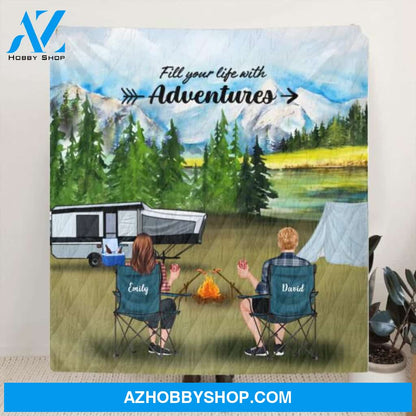 Custom Personalized Camping Quilt/ Fleece Blanket - Couple/ Parents With Upto 4 Kids And 4 Pets - Gift Idea For Camping Lover