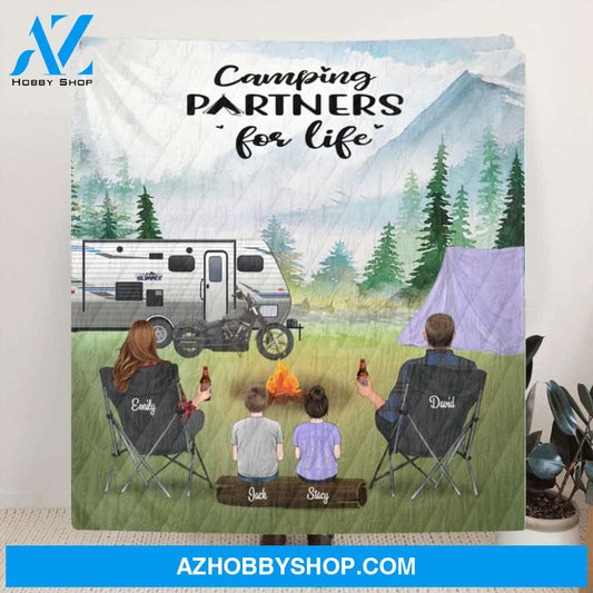 Custom Personalized Camping Quilt Blanket Gift Idea For The Whole Family - Parents With 2 Kids And Upto 4 Pets - Camping Partners For Life