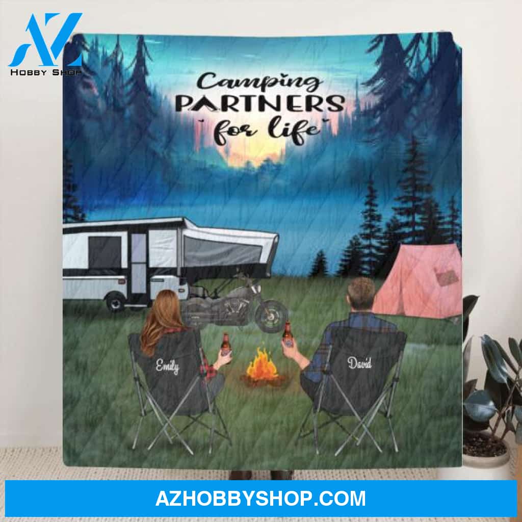 Custom Personalized Camping Quilt/ Fleece Blanket - Couple/ Parents With Upto 4 Kids And 3 Pets - Camping Partners For Life
