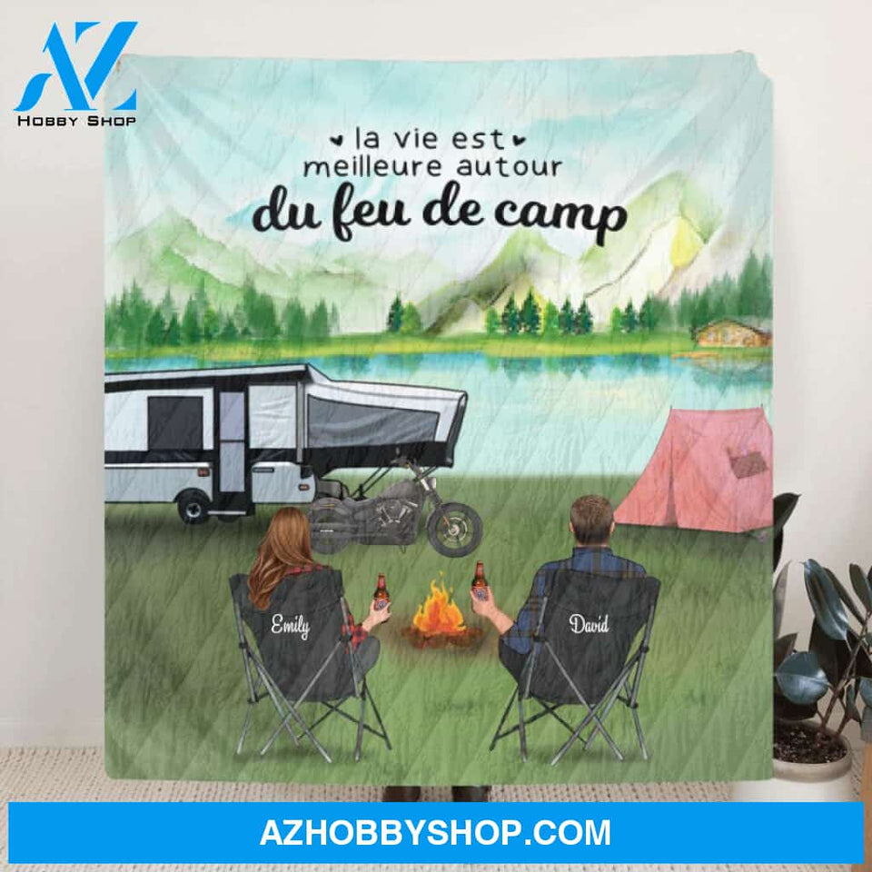 Custom Personalized Camping Blanket - Couple/ Family with Upto 4 Kids - 2 Pets - Gift For The Whole Family