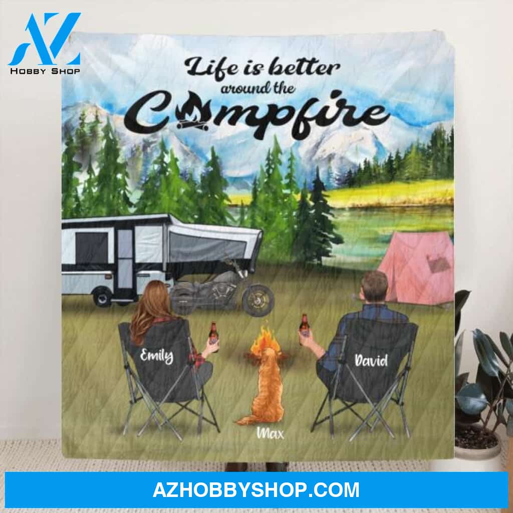 Custom Personalized Camping Quilt Blanket - Couple/ Parents With Upto 5 Kids And 4 Pets - Gift Idea For Camping Lover - Life Is Better Around The Campfire