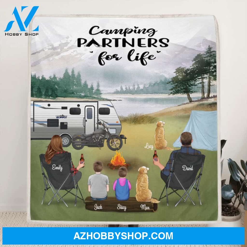 Custom Personalized Camping Quilt Blanket, Gift Idea for the whole family - Parents with 2 kids and up to 2 Pets - Camping partners for life