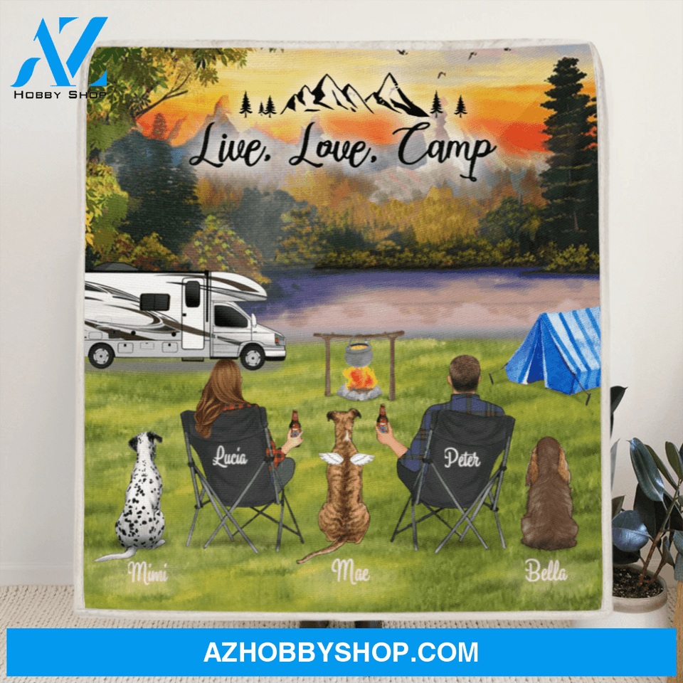 Custom personalized camping fleece blanket gift idea for couple - Couple with 3 Pets - Live, Love, Camp - 341148