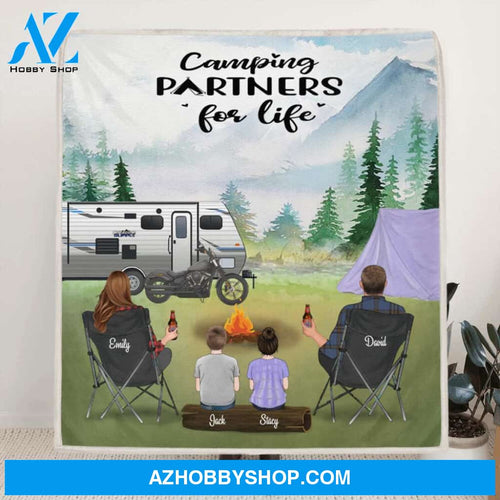 Custom Personalized Camping Fleece Blanket Best Gift For The Whole Family - Parents With 2 Kids And Upto 4 Pets - Camping partners for life